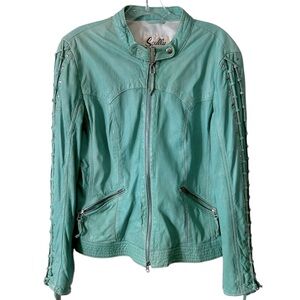 Scully Women's Aqua Blue River Leather Laced Sleeve Jacket in Size M